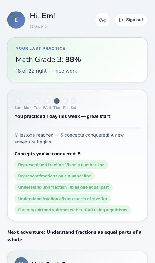 A child's Algo School home screen greeting Em, showing an 88% last practice score, weekly practice dots, and five concepts conquered.
