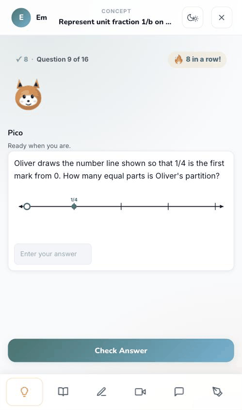 A child's practice question showing a fraction on a number line, an eight-in-a-row streak, and help tools for hint, explain, example, video, ask and scratchpad.