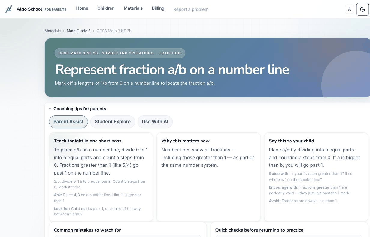 A parent coaching panel with a script to say, what to encourage, and what to avoid when teaching fractions on a number line.