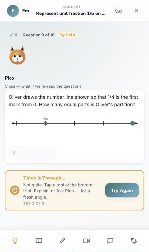 After a wrong answer, Algo School shows a 'Think it Through' prompt with the child's answer kept and a second try offered instead of marking it wrong.